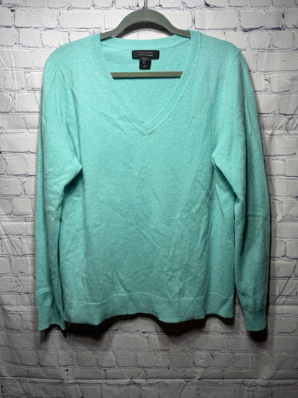 Tahari Womens V-Neck 2-Ply Cashmere Sweater Teal Sz XL Luxury Preppy